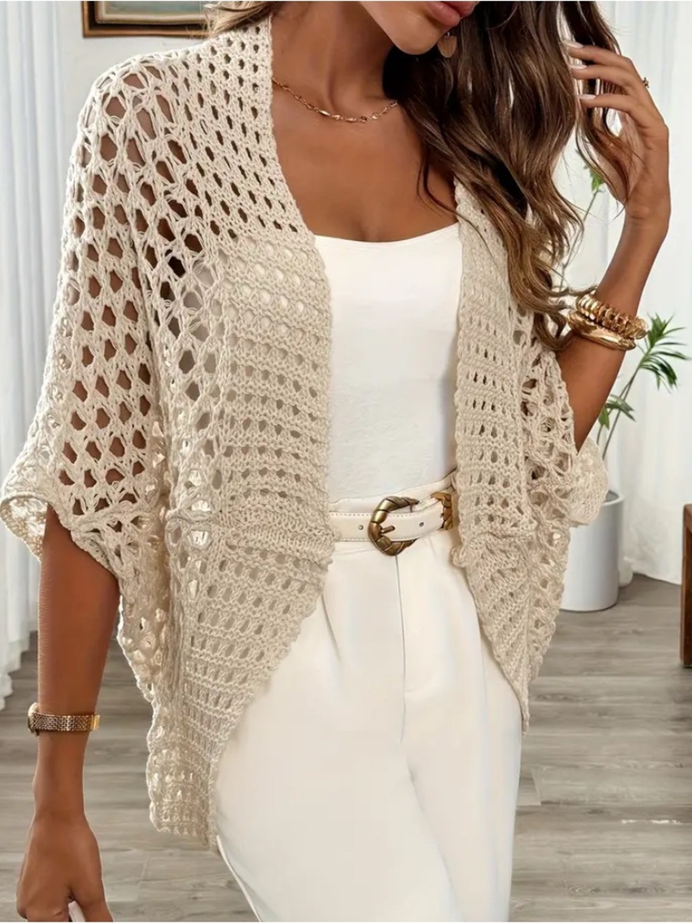 CROCHET Beige Open-Knit Women's Cardigan Sweater